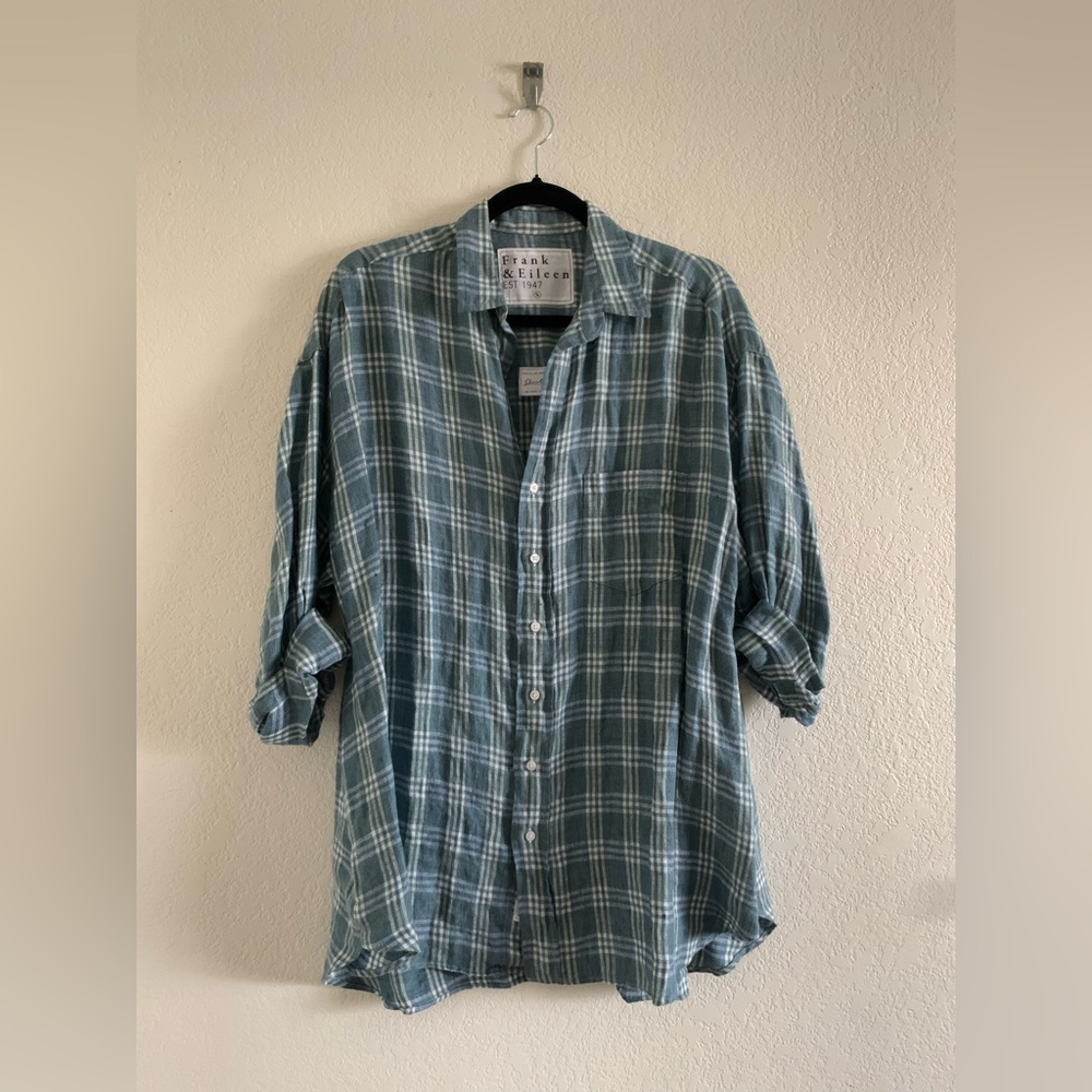 FRANK & EILEEN SHIRLEY GREEN PLAID BUTTON UP SHIRT LINEN OVERSIZED SIZE SMALL